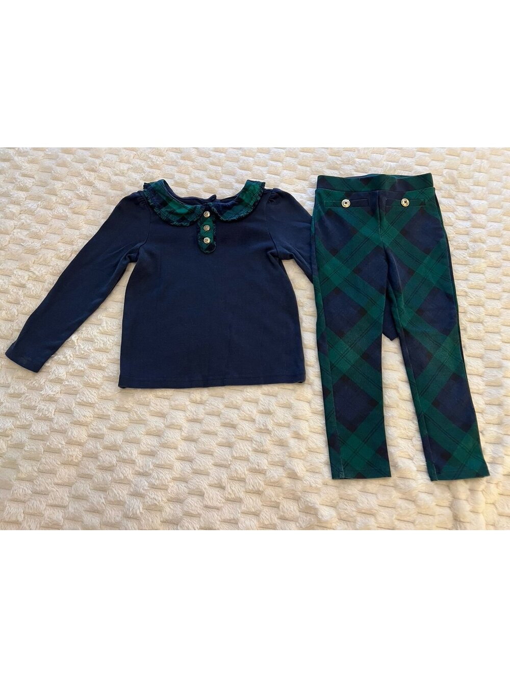 Gymboree Girls Long Sleeve Peter Pan Collar Top & Plaid Pants Outfit Set (3T)
